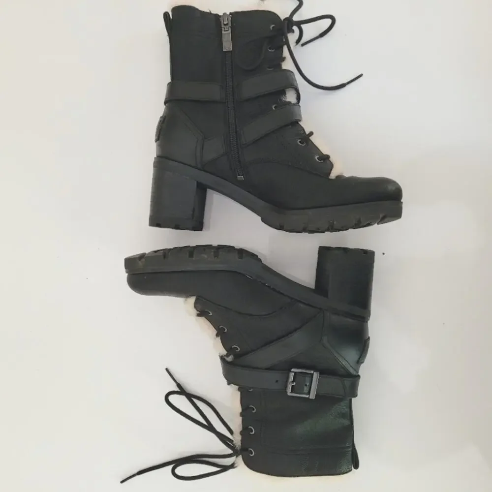 UGG Ingrid Black Leather Shearling Lug Sole Moto Combat Boots Size 7